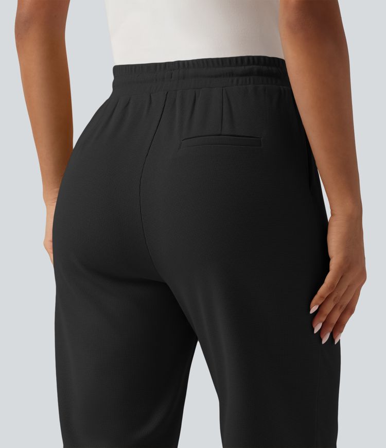 High Waisted Drawstring Tapered Pintuck Work Pants with Pockets