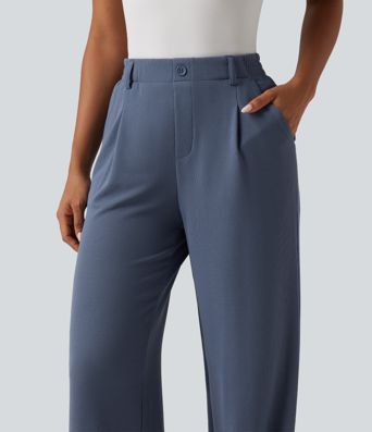 High Waisted Wide Leg Waffle Work Pants with Pockets