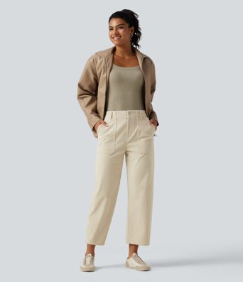 High Waisted Barrel Leg Corduroy Casual Pants with Pockets