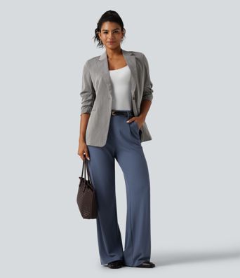 High Waisted Wide Leg Waffle Work Pants with Pockets