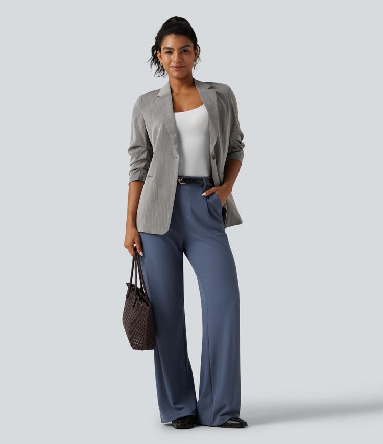High Waisted Wide Leg Waffle Work Pants with Pockets