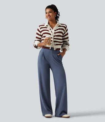 High Waisted Wide Leg Waffle Work Pants with Pockets