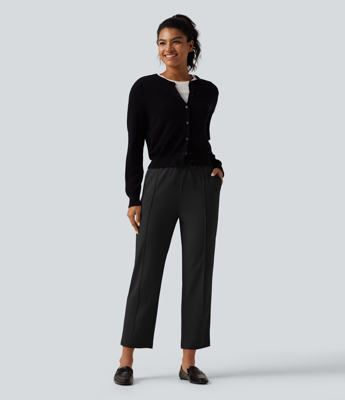 High Waisted Drawstring Tapered Pintuck Work Pants with Pockets