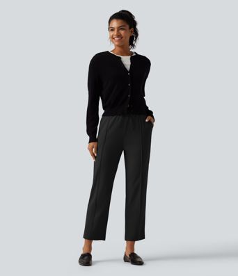 High Waisted Drawstring Tapered Pintuck Work Pants with Pockets