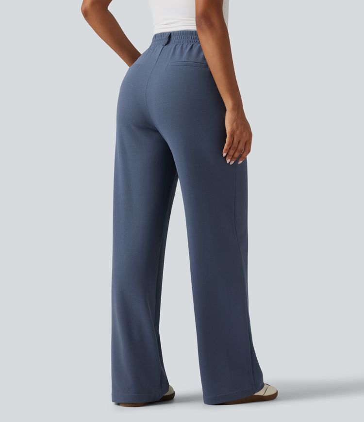 High Waisted Wide Leg Waffle Work Pants with Pockets