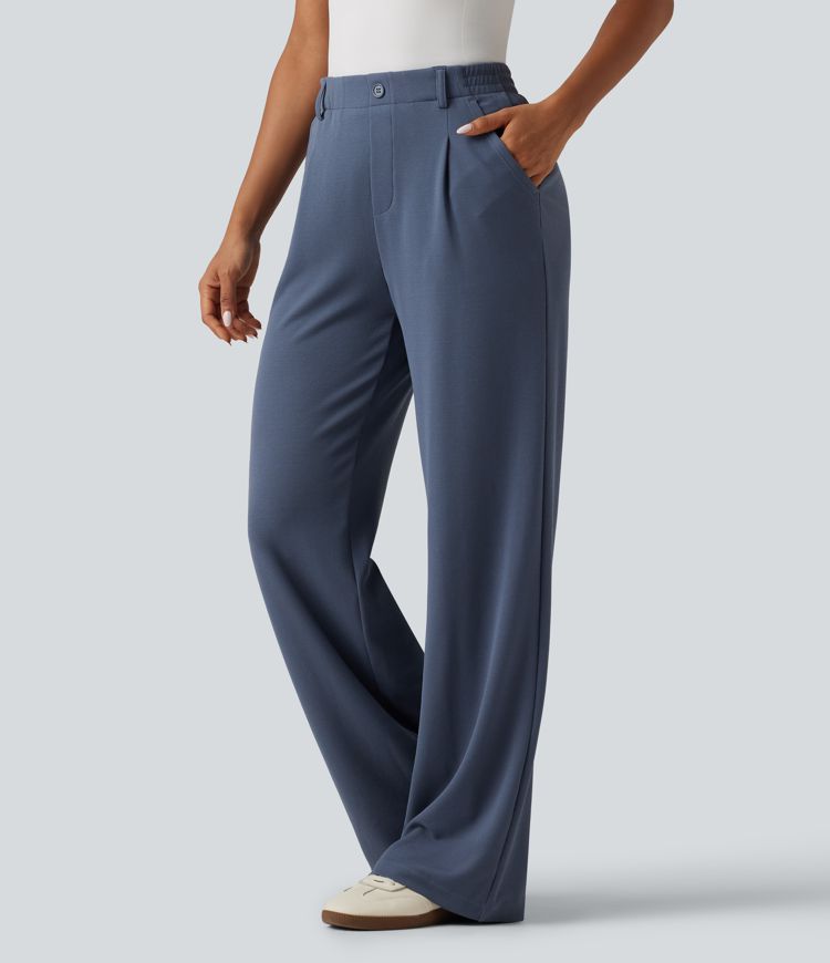 High Waisted Wide Leg Waffle Work Pants with Pockets