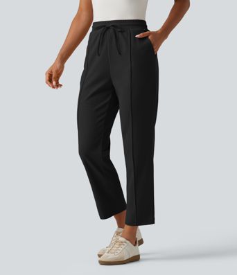 High Waisted Drawstring Tapered Pintuck Work Pants with Pockets