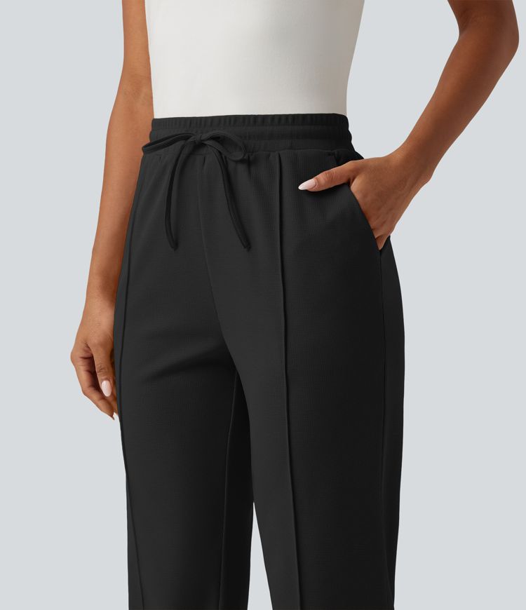 High Waisted Drawstring Tapered Pintuck Work Pants with Pockets