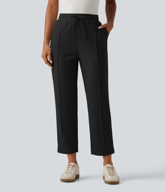 High Waisted Drawstring Tapered Pintuck Work Pants with Pockets