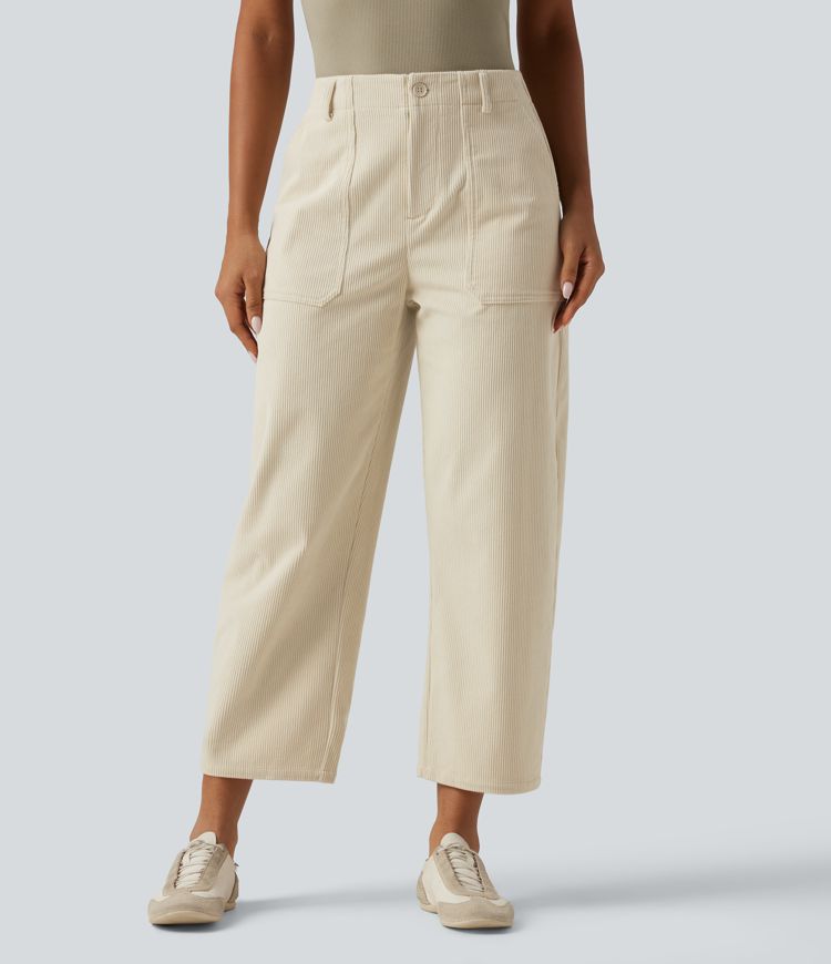 High Waisted Barrel Leg Corduroy Casual Pants with Pockets
