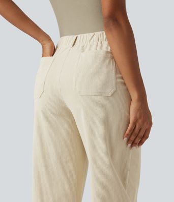 High Waisted Barrel Leg Corduroy Casual Pants with Pockets
