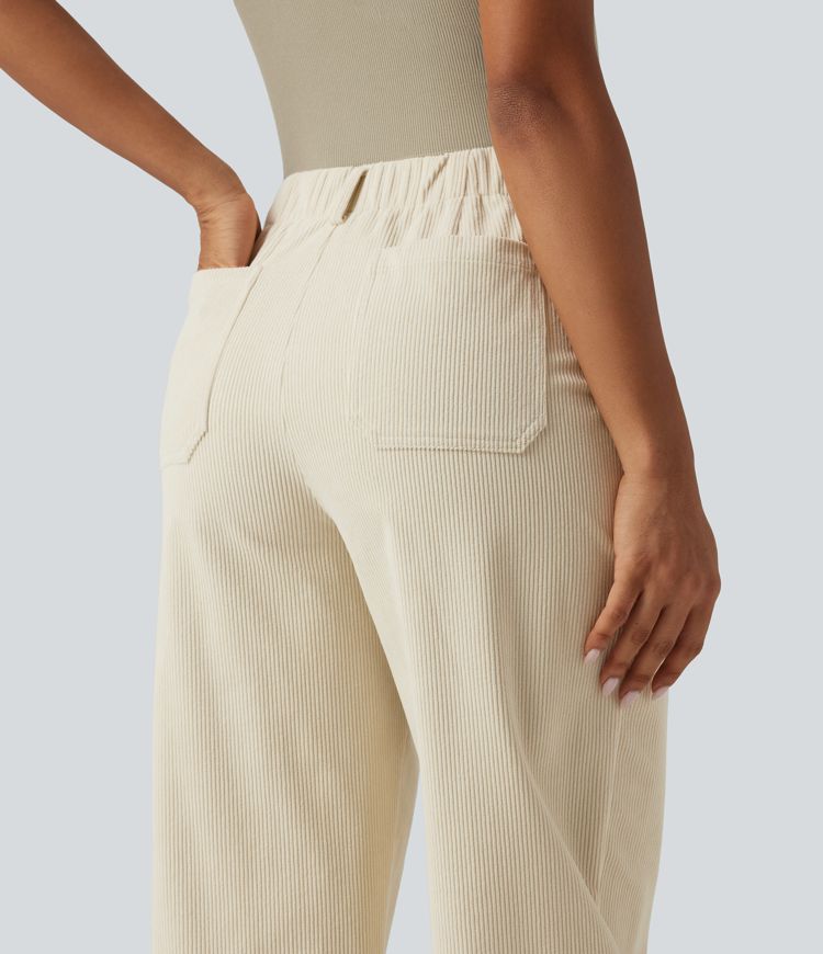 High Waisted Barrel Leg Corduroy Casual Pants with Pockets