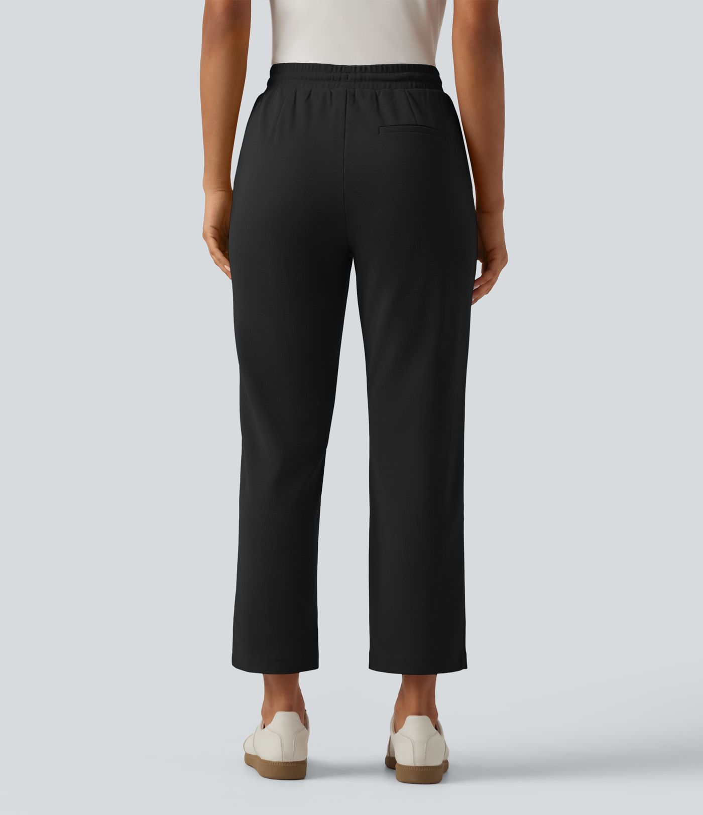 High Waisted Drawstring Tapered Pintuck Work Pants with Pockets