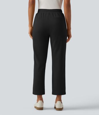 High Waisted Drawstring Tapered Pintuck Work Pants with Pockets