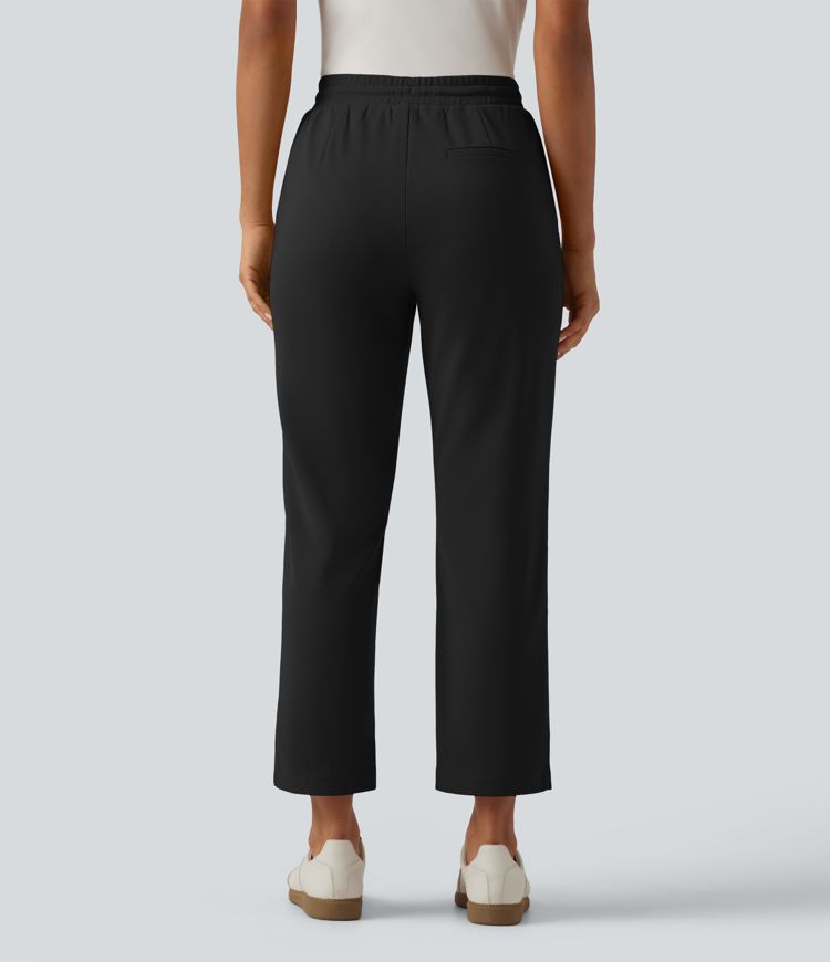 High Waisted Drawstring Tapered Pintuck Work Pants with Pockets