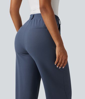 High Waisted Wide Leg Waffle Work Pants with Pockets