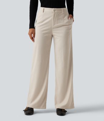 Mid Rise Wide Leg Corduroy Casual Pants with Pockets