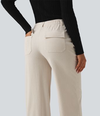 Mid Rise Wide Leg Corduroy Casual Pants with Pockets