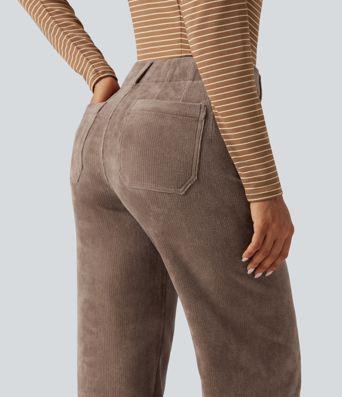 Lässige Hose aus Cord mit hohem Bund, mehreren Taschen und geradem Bein Lässige Hose aus Cord mit hohem Bund, mehreren Taschen und geradem Bein