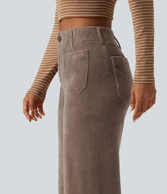 Lässige Hose aus Cord mit hohem Bund, mehreren Taschen und geradem Bein Lässige Hose aus Cord mit hohem Bund, mehreren Taschen und geradem Bein