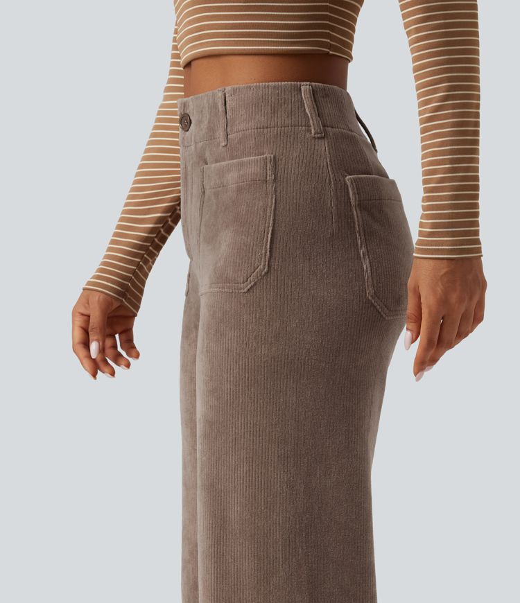 Lässige Hose aus Cord mit hohem Bund, mehreren Taschen und geradem Bein Lässige Hose aus Cord mit hohem Bund, mehreren Taschen und geradem Bein