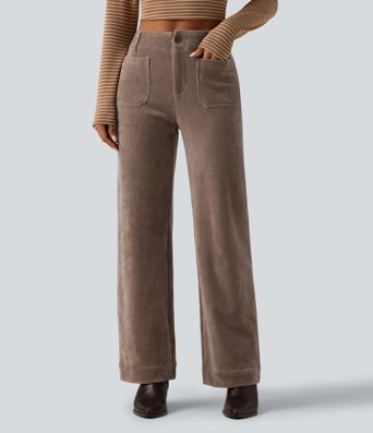 Lässige Hose aus Cord mit hohem Bund, mehreren Taschen und geradem Bein Lässige Hose aus Cord mit hohem Bund, mehreren Taschen und geradem Bein