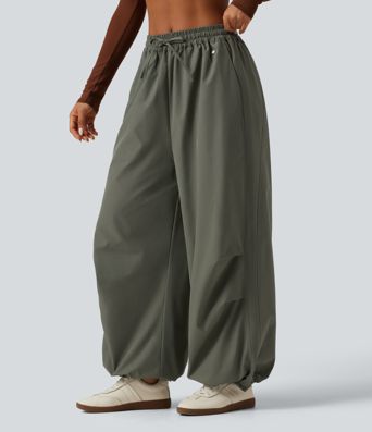 Mid Rise Drawstring Baggy Adjustable Drawcord Hiking Cargo Pant with Pockets