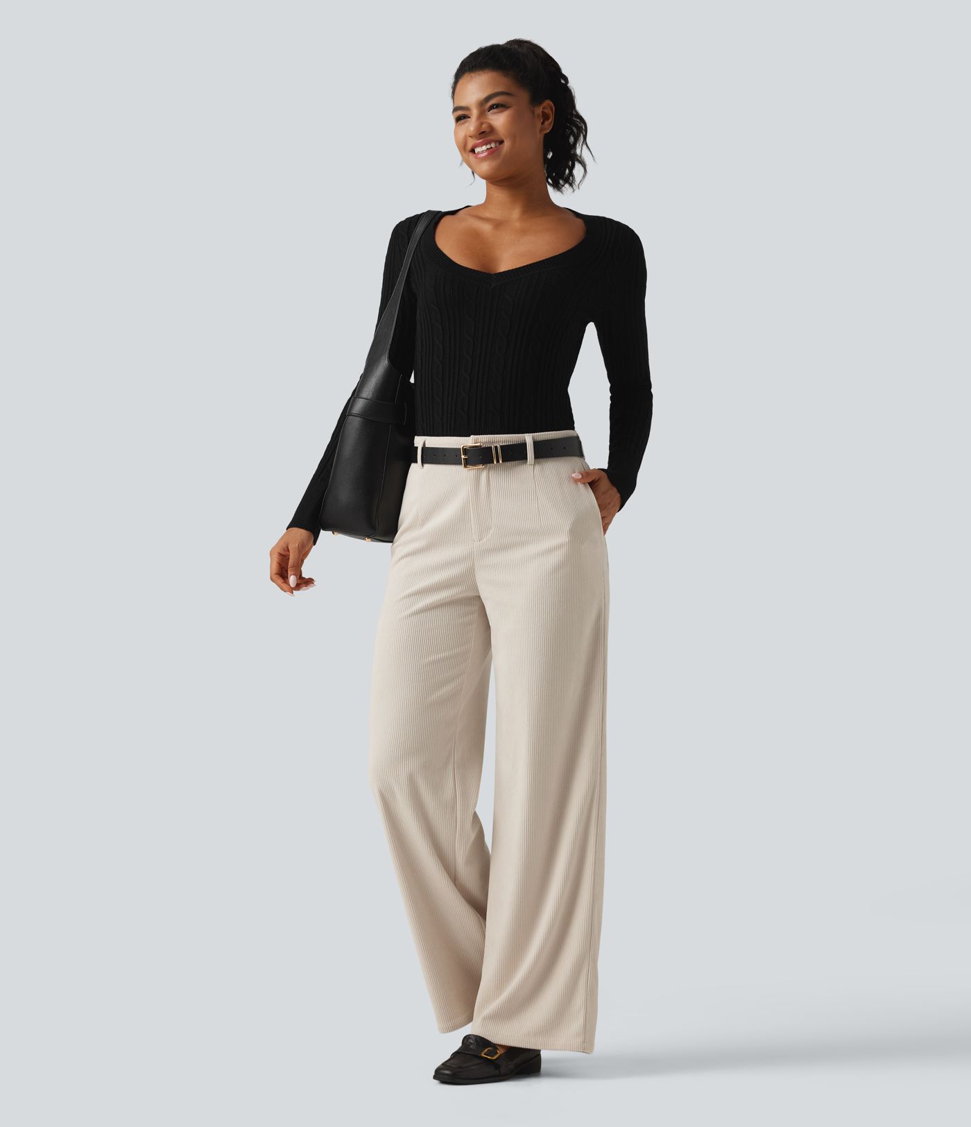 Mid Rise Wide Leg Corduroy Casual Pants with Pockets