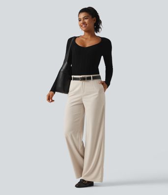 Mid Rise Wide Leg Corduroy Casual Pants with Pockets