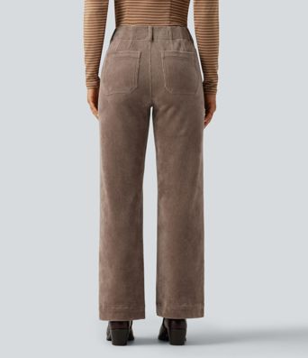 Lässige Hose aus Cord mit hohem Bund, mehreren Taschen und geradem Bein Lässige Hose aus Cord mit hohem Bund, mehreren Taschen und geradem Bein