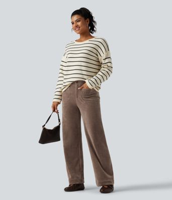Lässige Hose aus Cord mit hohem Bund, mehreren Taschen und geradem Bein Lässige Hose aus Cord mit hohem Bund, mehreren Taschen und geradem Bein
