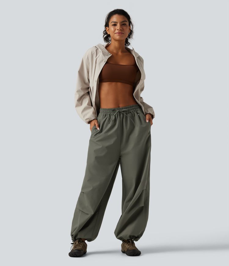 Mid Rise Drawstring Baggy Adjustable Drawcord Hiking Cargo Pant with Pockets