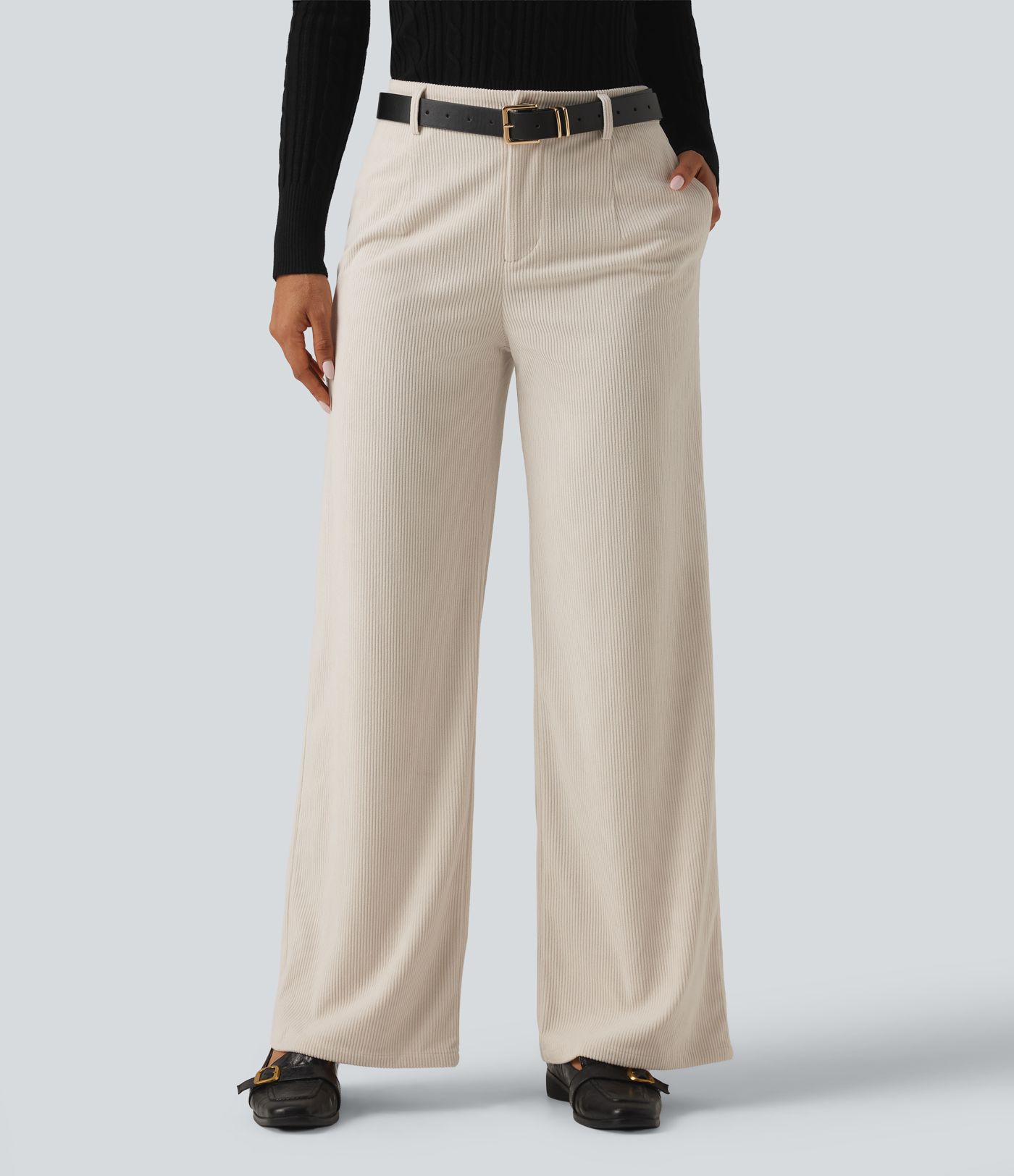 Mid Rise Wide Leg Corduroy Casual Pants with Pockets