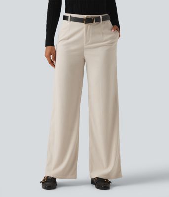 Mid Rise Wide Leg Corduroy Casual Pants with Pockets