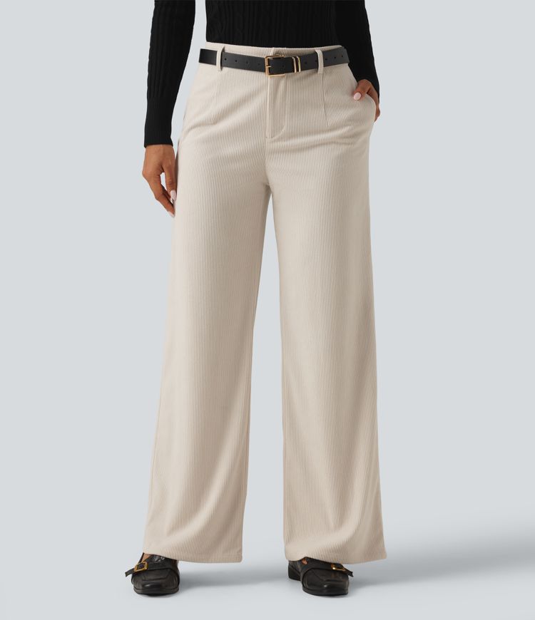 Mid Rise Wide Leg Corduroy Casual Pants with Pockets