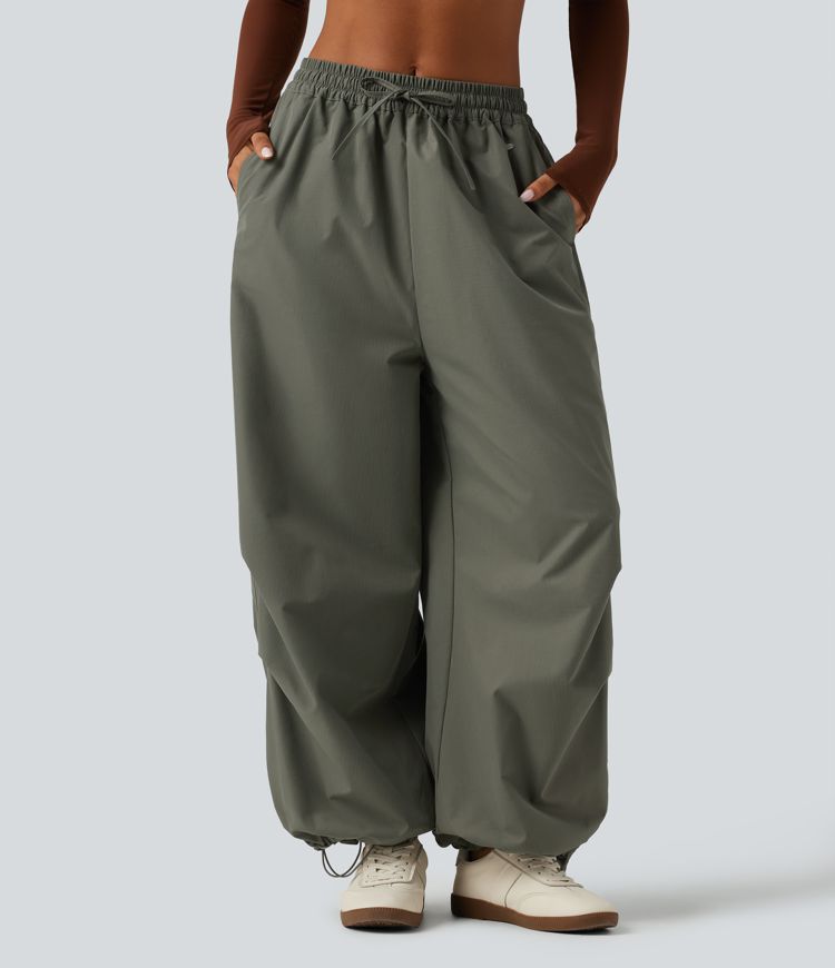 Mid Rise Drawstring Baggy Adjustable Drawcord Hiking Cargo Pant with Pockets