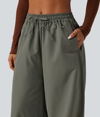 Mid Rise Drawstring Baggy Adjustable Drawcord Hiking Cargo Pant with Pockets