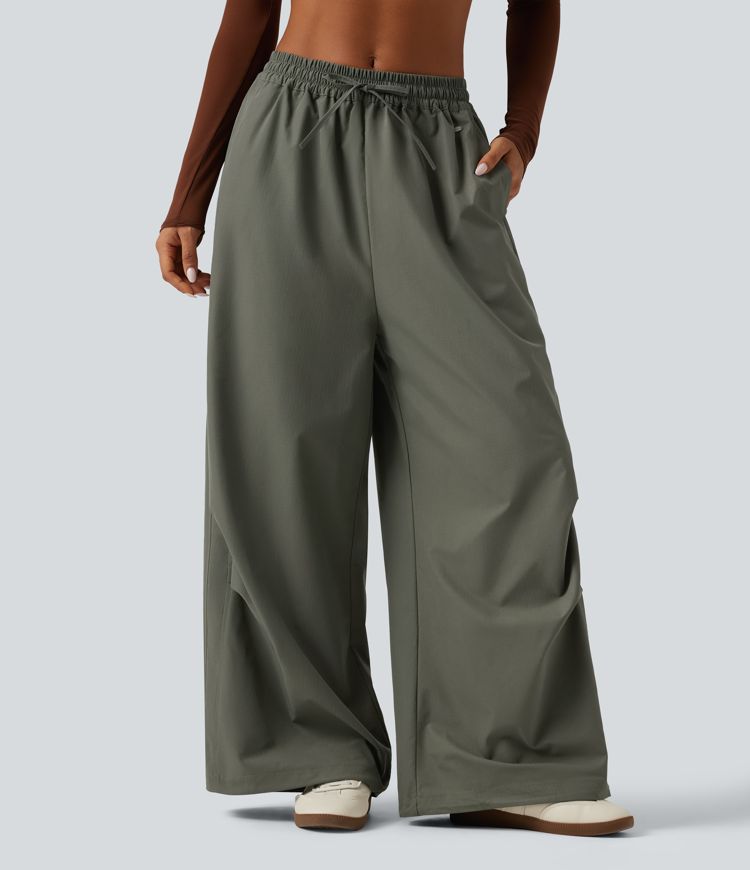 Mid Rise Drawstring Baggy Adjustable Drawcord Hiking Cargo Pant with Pockets