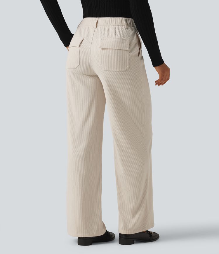 Mid Rise Wide Leg Corduroy Casual Pants with Pockets