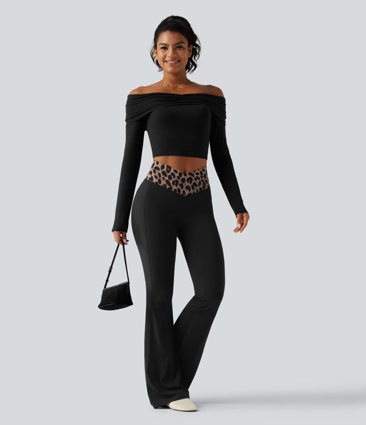 Halara UltraSculpt™ Leopard Print High Waisted Crossover InstantCool Casual Flare Pants with Pockets