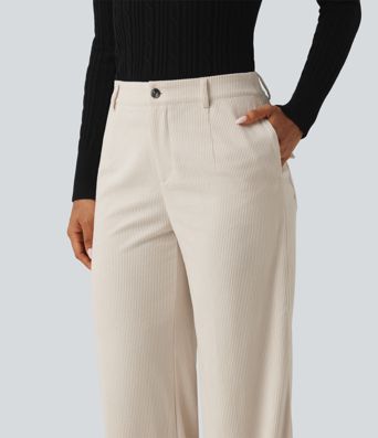 Mid Rise Wide Leg Corduroy Casual Pants with Pockets