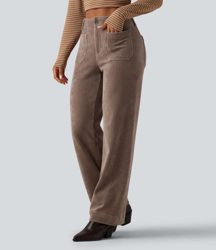 Lässige Hose aus Cord mit hohem Bund, mehreren Taschen und geradem Bein Lässige Hose aus Cord mit hohem Bund, mehreren Taschen und geradem Bein