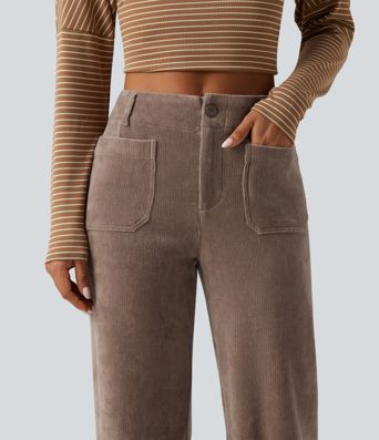 Lässige Hose aus Cord mit hohem Bund, mehreren Taschen und geradem Bein Lässige Hose aus Cord mit hohem Bund, mehreren Taschen und geradem Bein