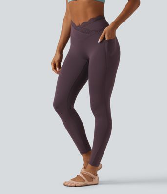 SoftlyZero™ High Waisted Crossover Contrast Lace Yoga Leggings with Pockets