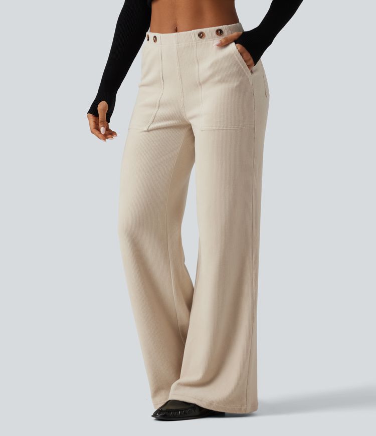 Mid Rise Wide Leg Corduroy Casual Pants with Pockets Mid Rise Wide Leg Corduroy Casual Pants with Pockets