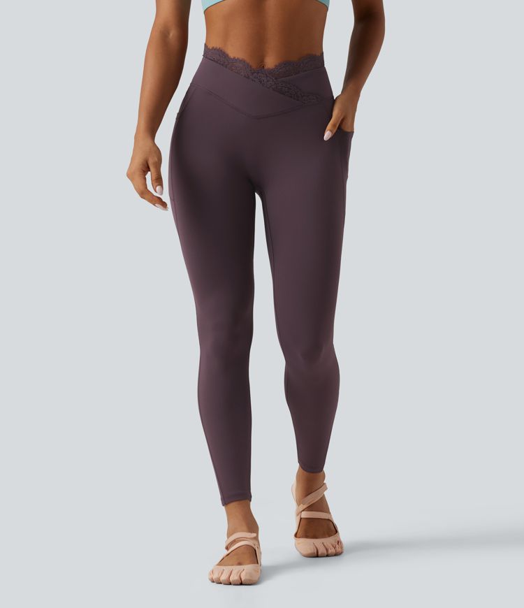 SoftlyZero™ High Waisted Crossover Contrast Lace Yoga Leggings with Pockets