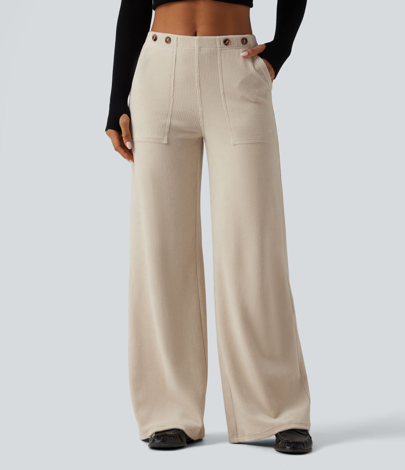 Mid Rise Wide Leg Corduroy Casual Pants with Pockets Mid Rise Wide Leg Corduroy Casual Pants with Pockets