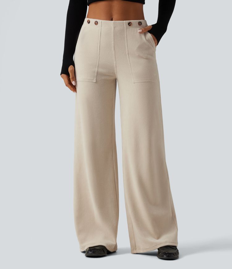 Mid Rise Wide Leg Corduroy Casual Pants with Pockets Mid Rise Wide Leg Corduroy Casual Pants with Pockets