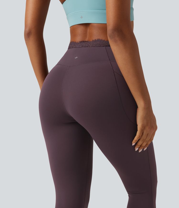 SoftlyZero™ High Waisted Crossover Contrast Lace Yoga Leggings with Pockets