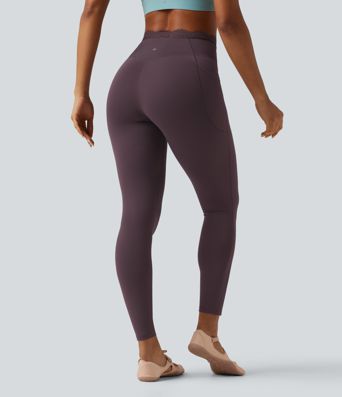 SoftlyZero™ High Waisted Crossover Contrast Lace Yoga Leggings with Pockets